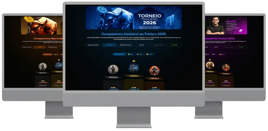 Mockups de ligas e torneios white label da Trade Arena em três telas
