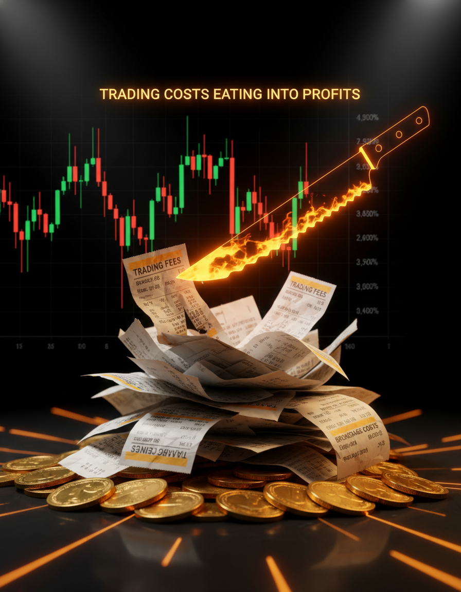 Gráfico de candlestick com destaque para operações consecutivas representando a acumulação de custos no scalping