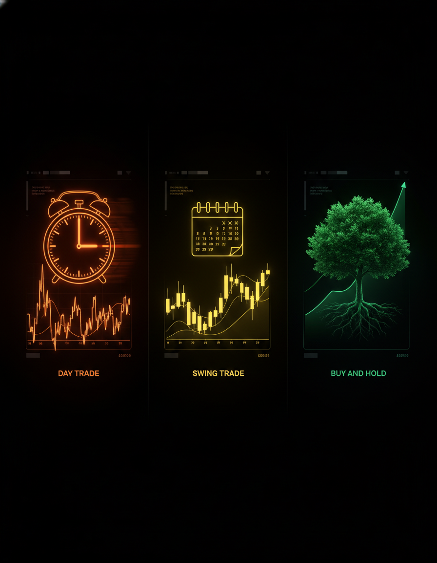 Três estilos de trading lado a lado: day trade, swing trade e buy and hold