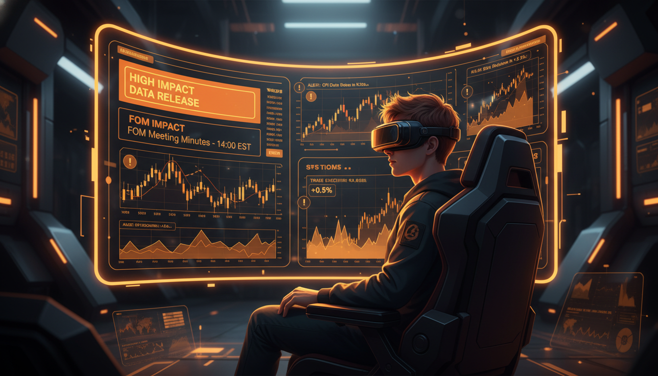 Trader em frente a telas com calendário econômico e alertas de data release, ambiente fintech escuro com iluminação laranja