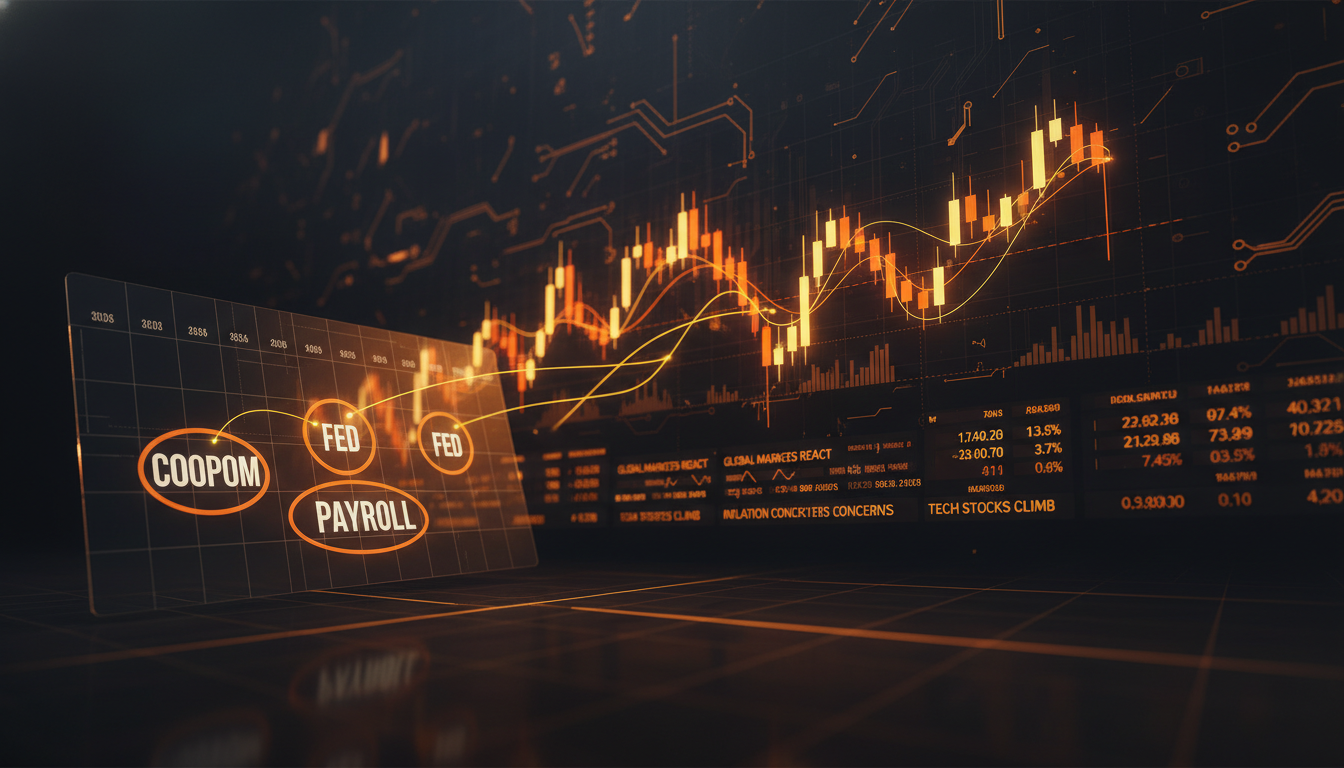 Calendário econômico com eventos COPOM, FED e Payroll marcados, conectados a um gráfico de candlestick com spike de volatilidade