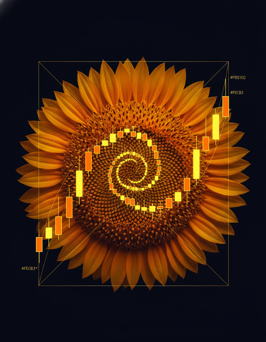 Espiral dourada emergindo de um girassol e se transformando em um gráfico