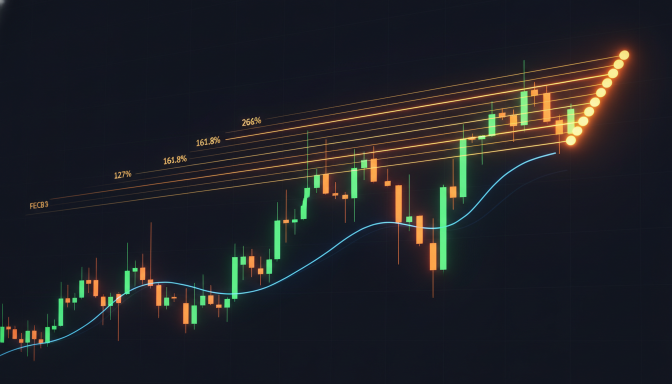 Gráfico com extensões de Fibonacci projetadas acima do swing high em 127%, 161,8% e 261,8%