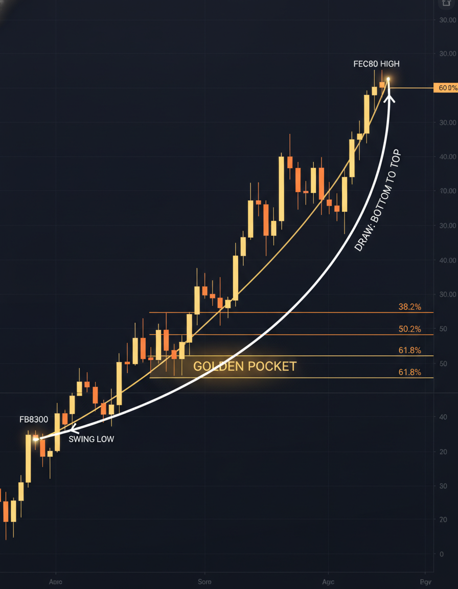 Gráfico com níveis de Fibonacci e golden pocket destacado