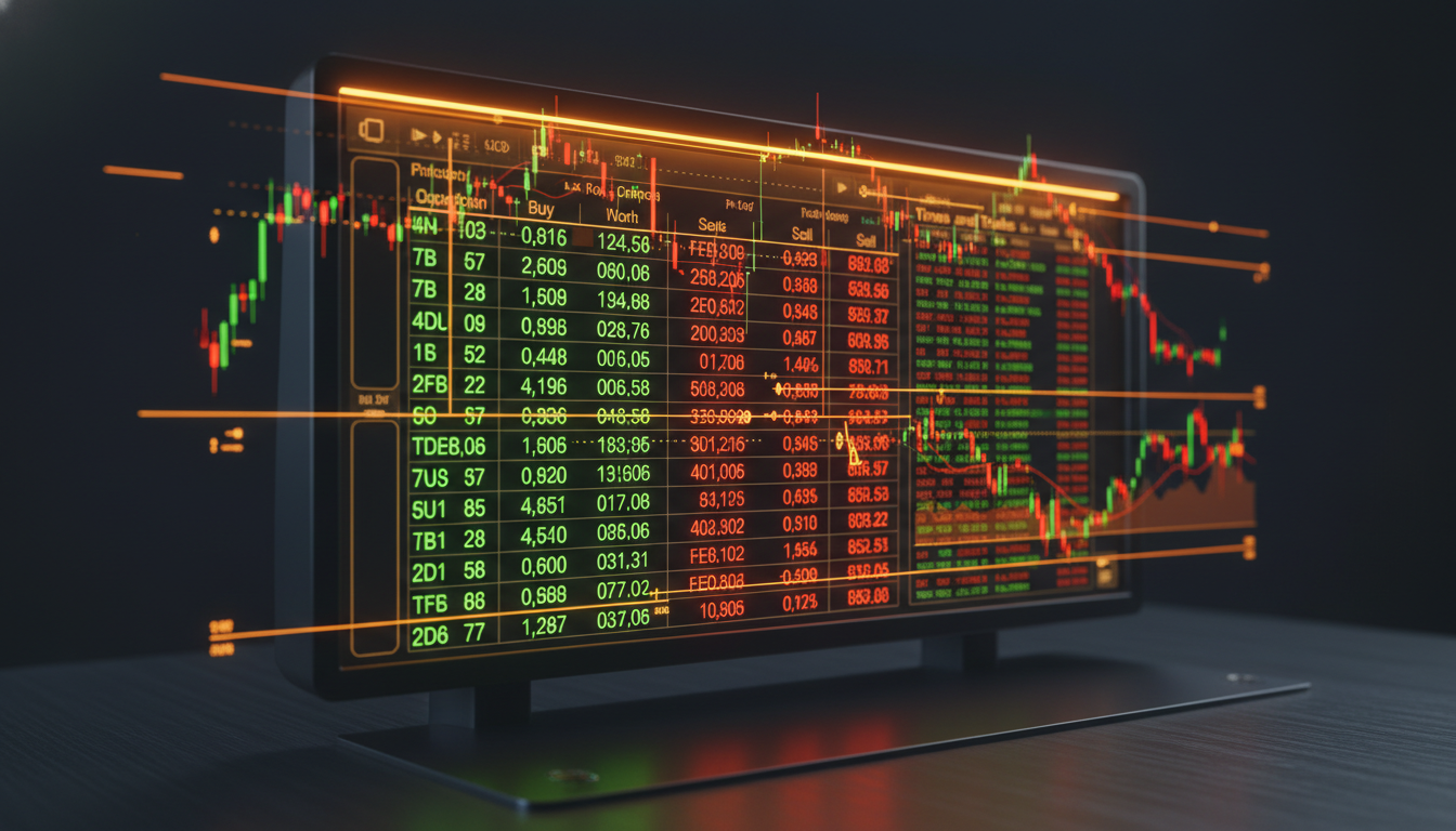 Split-screen: candlestick chart com zonas de suporte à esquerda, book de ofertas e Times & Trades à direita