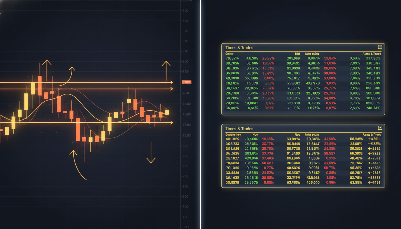 Split-screen: gráfico de candlestick com zonas de suporte à esquerda e book de ofertas com Times & Trades à direita