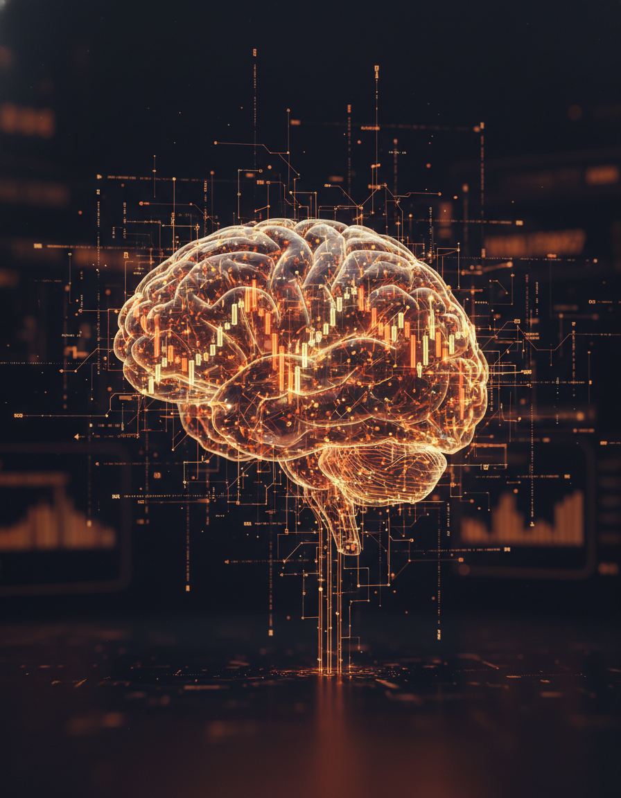 Rede neural analisando gráficos financeiros com fluxos de dados luminosos