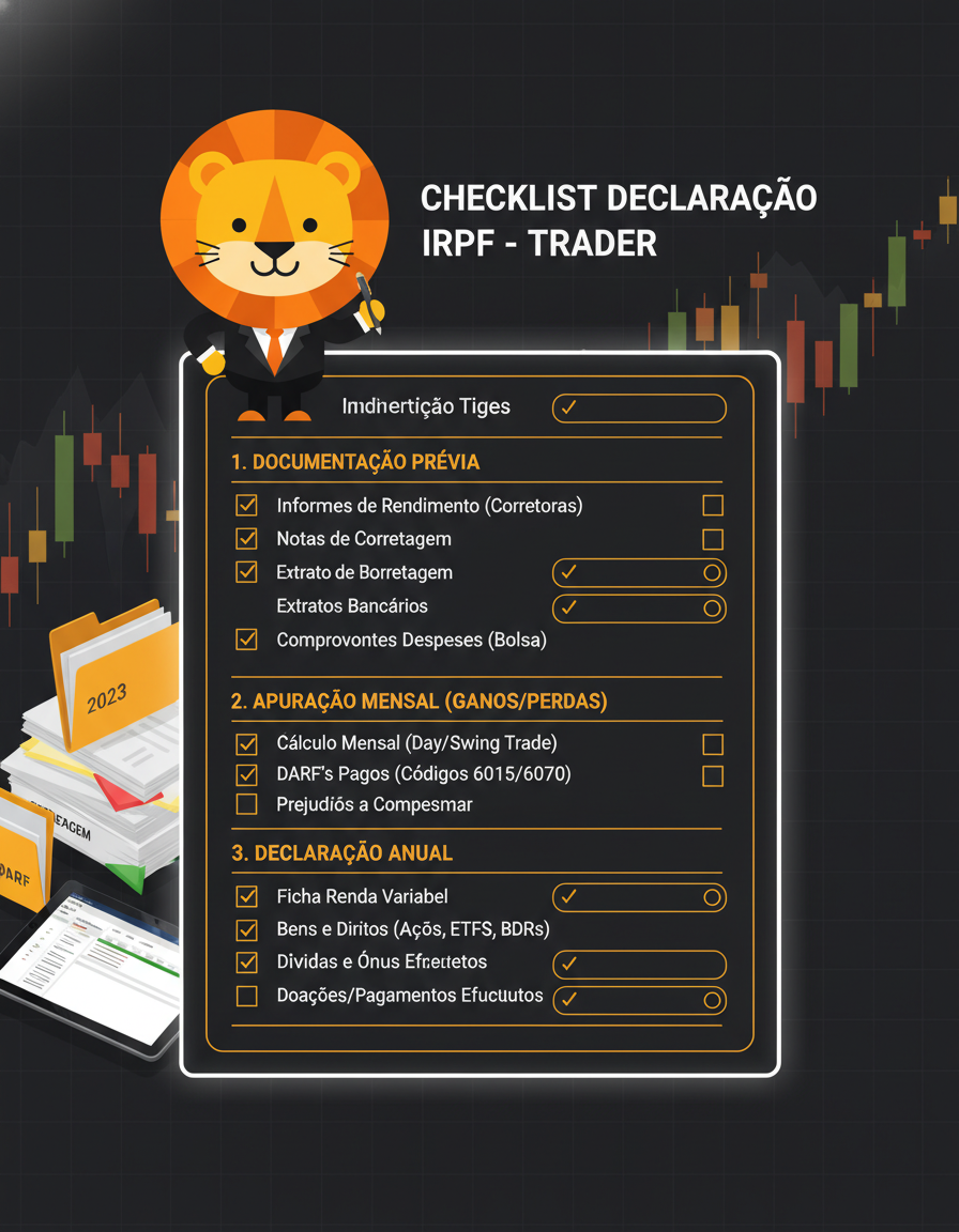Documentos financeiros organizados com checklist de IR, estética fintech escura