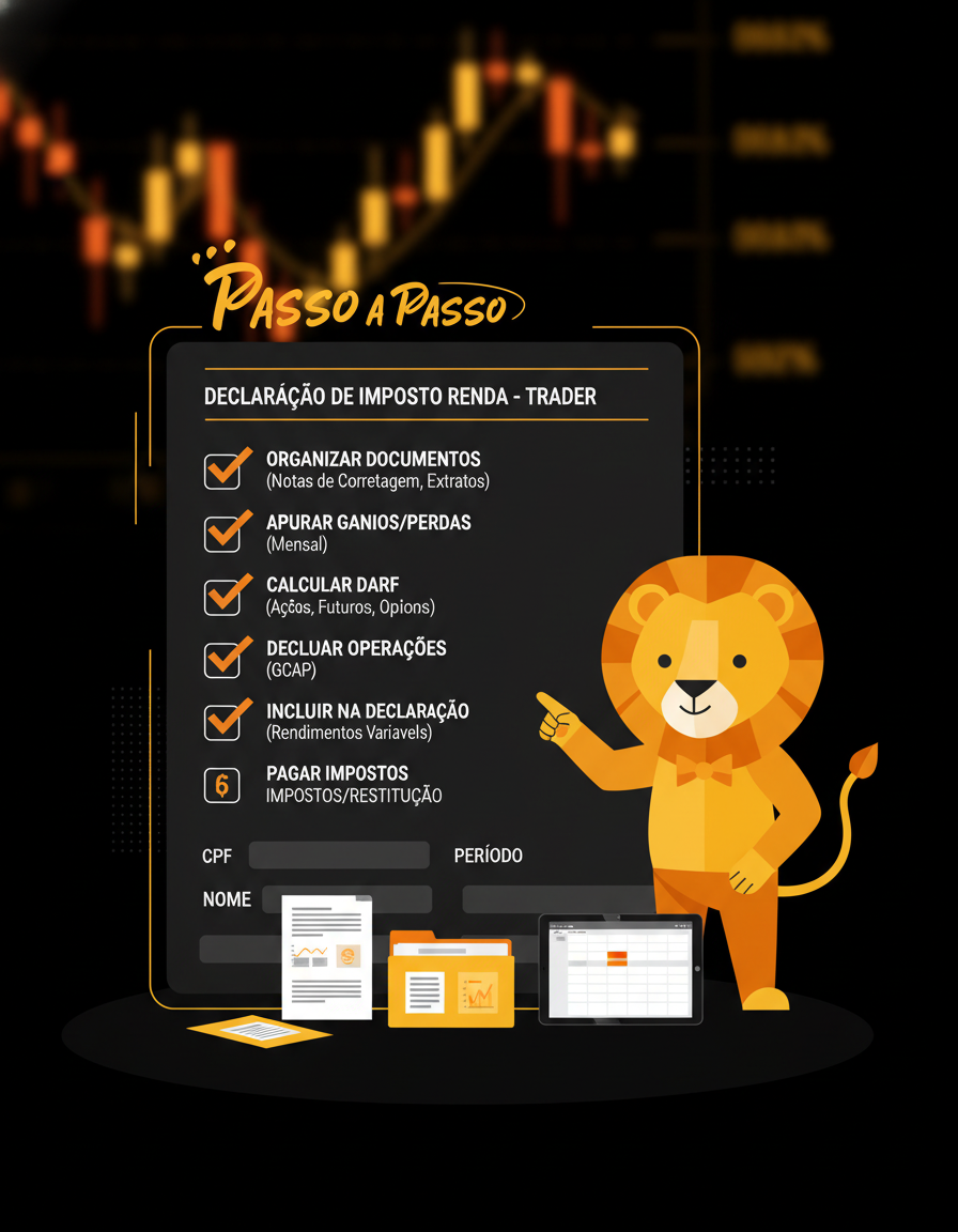 Checklist de declaração de IR com gráfico de candlestick ao fundo