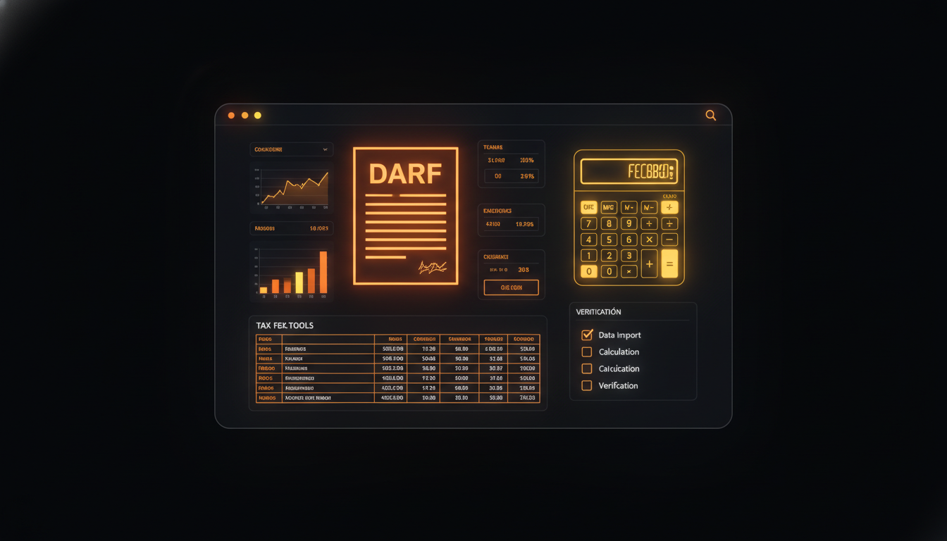 Dashboard fintech com documento DARF em destaque, calculadora e checklist de verificação fiscal