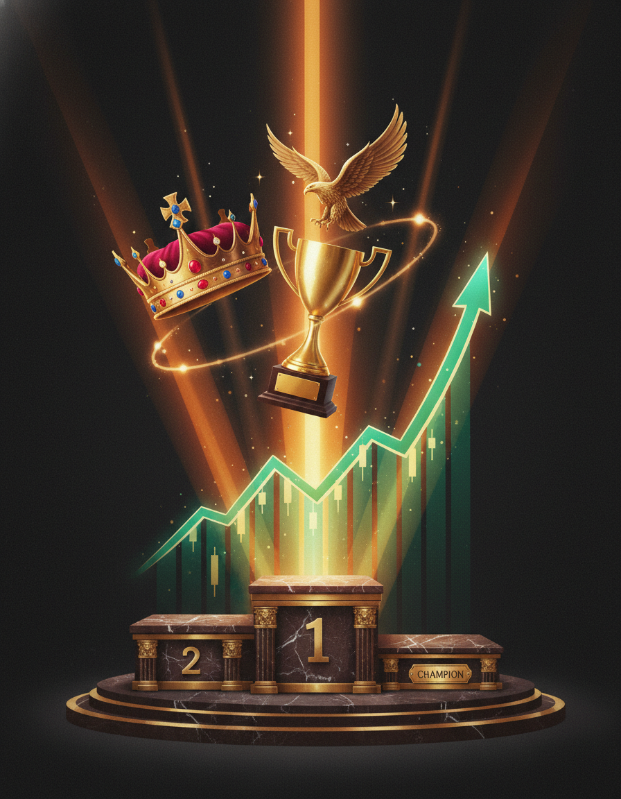 Troféu dourado sobre gráfico de candlestick ascendente com iluminação épica