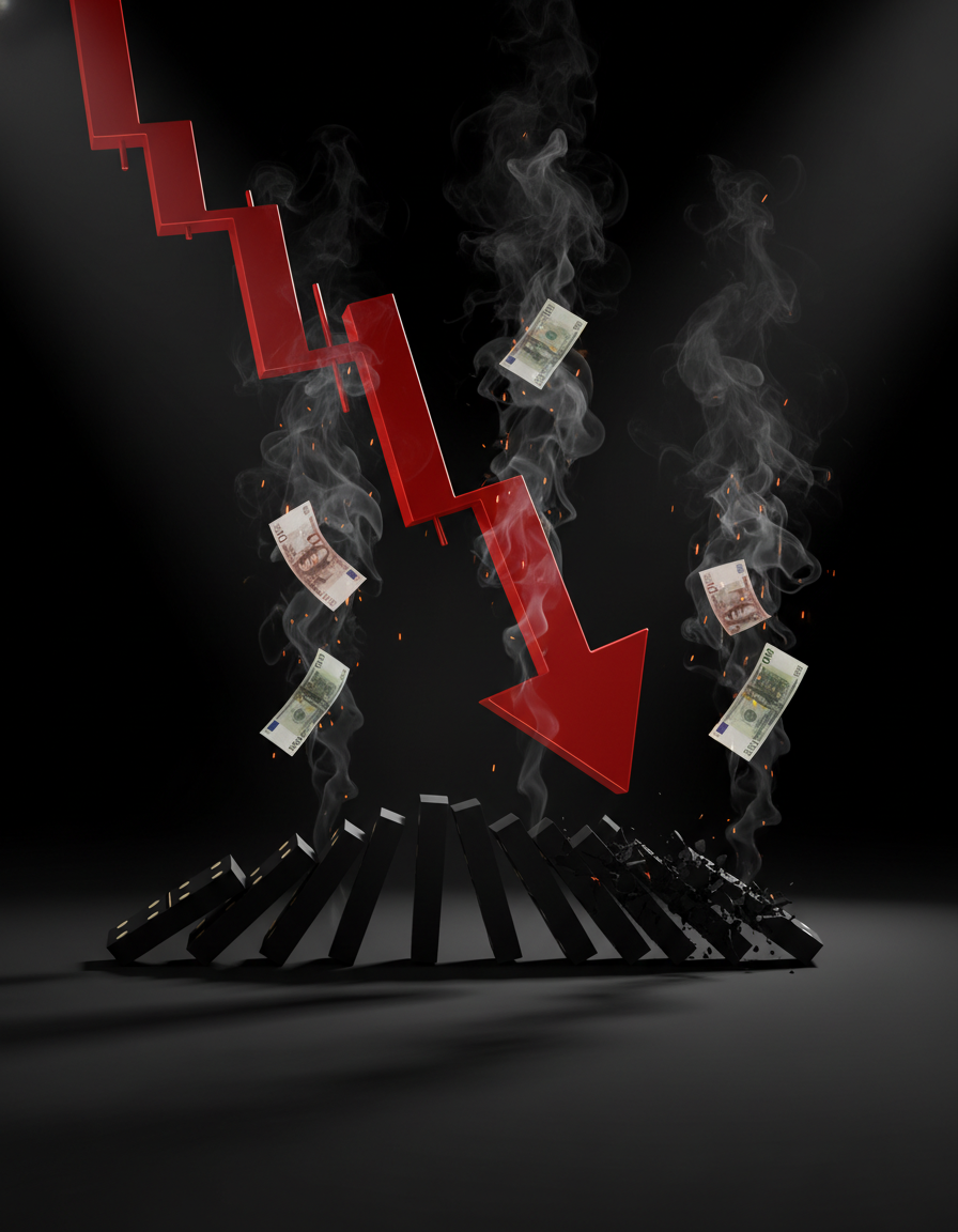 Representação artística de colapso financeiro com gráficos em queda e fragmentos de notas se dissolvendo