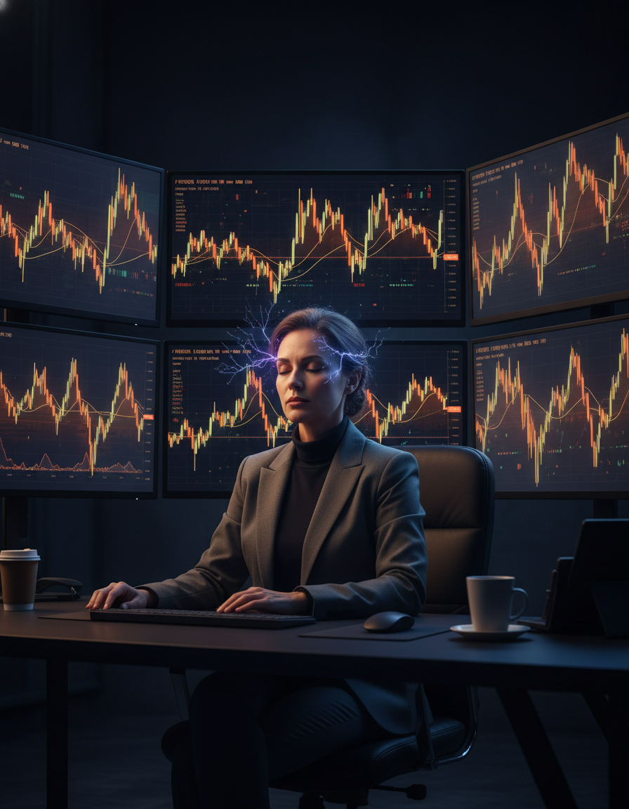 Trader focado analisando gráficos em setup duplo monitor, luz ambiente suave, expressão de concentração disciplinada