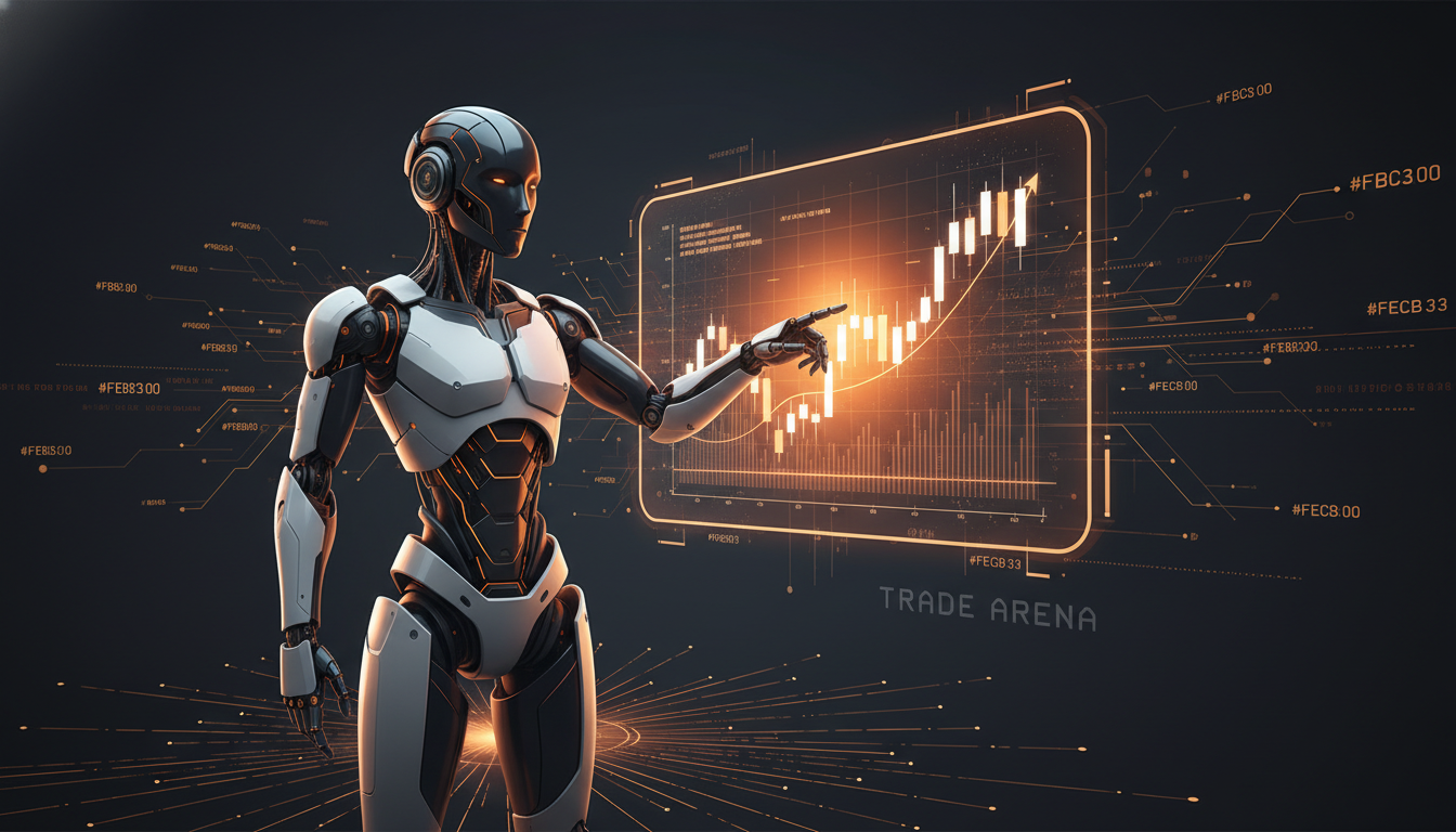 Robô de trading com telas holográficas de dados financeiros em tempo real