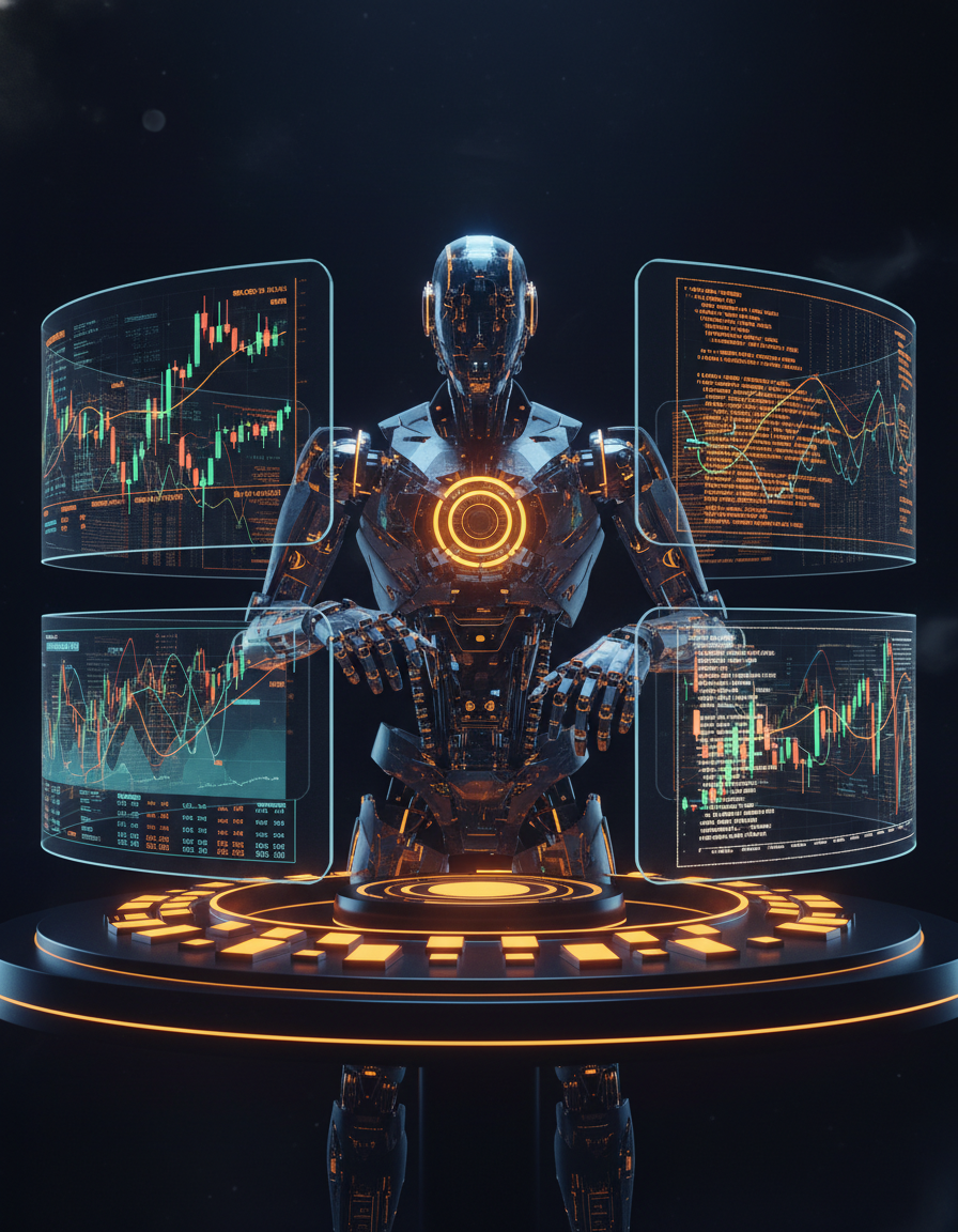 Robô de trading com painéis holográficos de dados financeiros