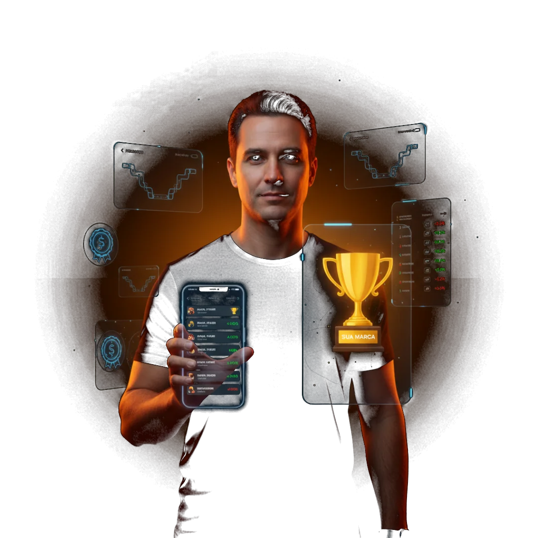Trader monitorando torneios pelo celular com hologramas de mercado
